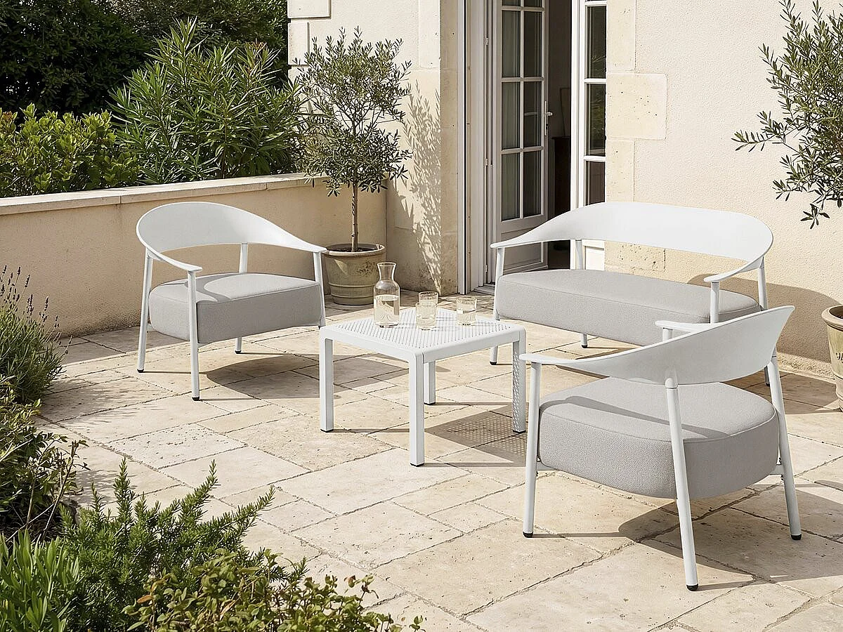 "Céora" 4-delige metalen en plastic tuin loungeset – Wit, Modern Design, Kussens met hoge dichtheid