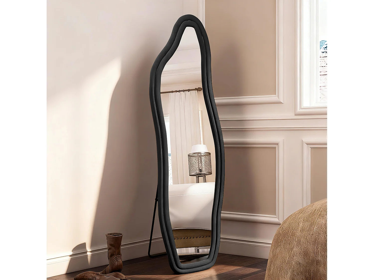 Zwart gebogen volledige lichaams spiegel 160×50 cm flanellen fluwelen lijst asymmetrisch design