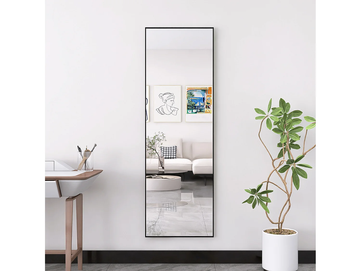 Volledige lengte spiegel 162×53 cm zwart aluminium frame, gehard veiligheidsglas, eigentijdse Art Deco stijl