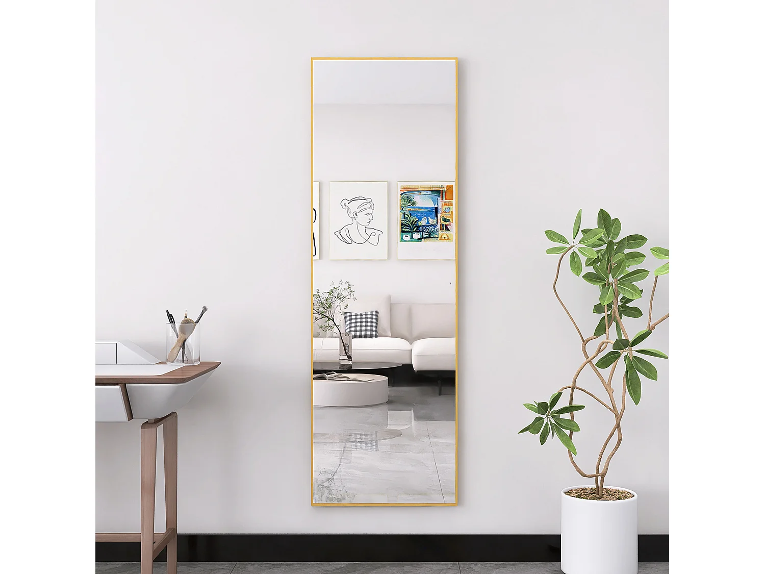 Volledige Lengte Rechthoekige Spiegel met Aluminium Frame – 162 x 53 cm – Zwart en Goud