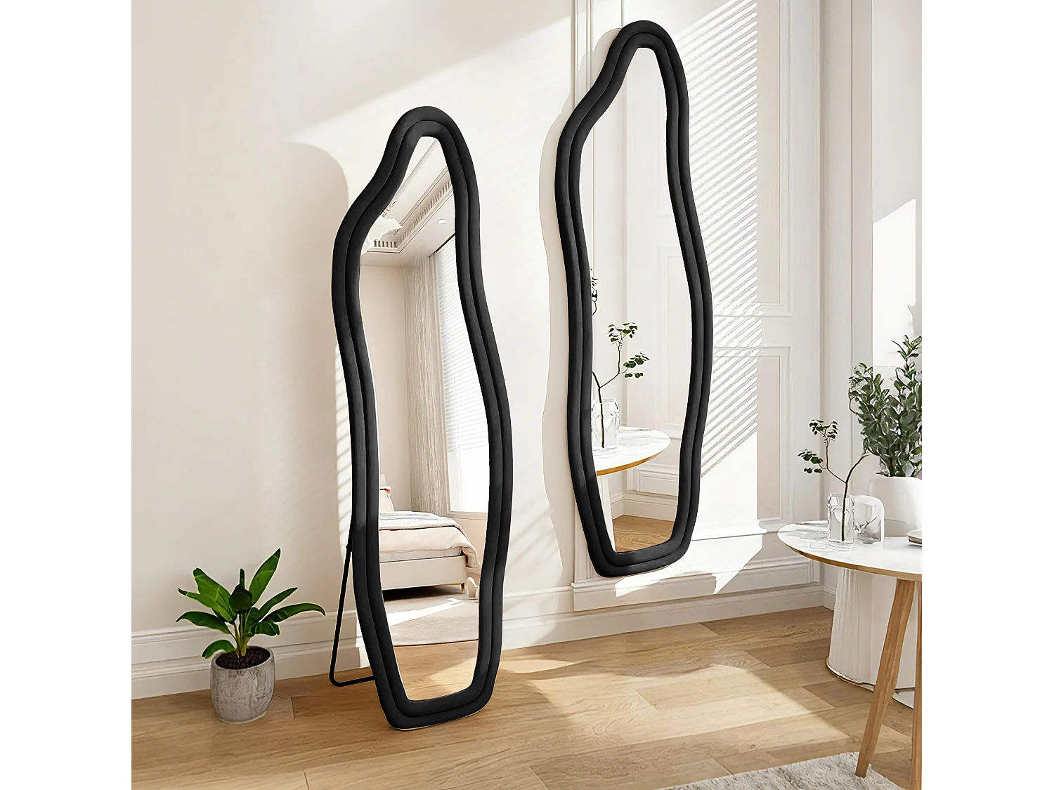 Zwart asymmetrische dolfijnvormige volledige lengte spiegel met zachte flanellen lijst 140×45 cm, gehard HD glas