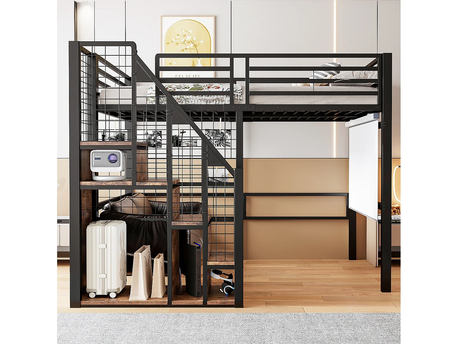 Zwart metalen hoogslaper (140×200 cm) met opbergruimte en plank