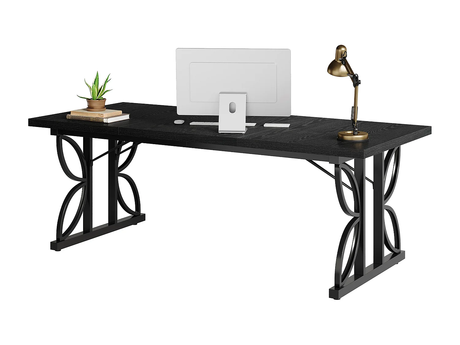Zwart bureau van 180 cm met metalen frame, groot computerbureau voor thuiswerkplek