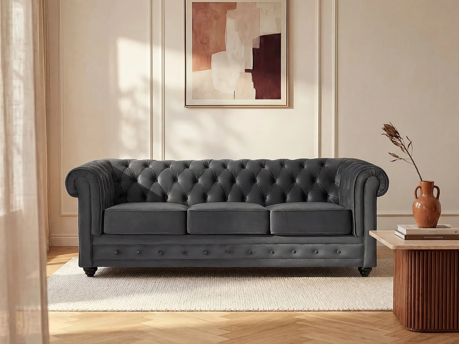 Driezitsbank CHESTERFIELD  – fluweel – antraciet