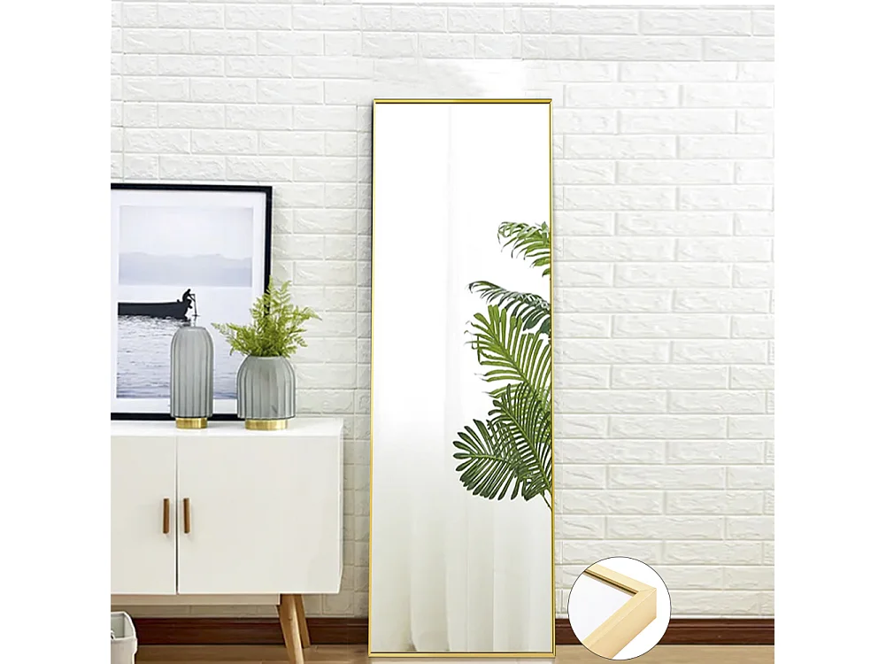 Vloerspiegel 150×40 cm gouden aluminium frame, onbreekbaar gehard glas, eigentijdse en Art Deco stijl