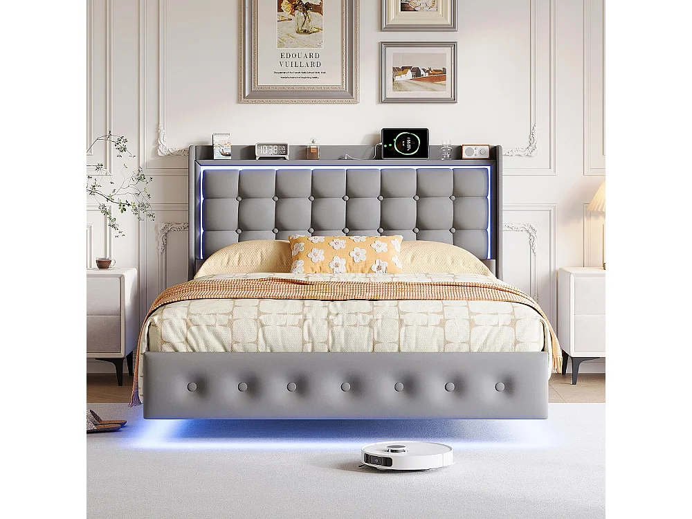 Zwevend bed 160×200 cm in grijs fluweel met LED-verlichting en USB-poort, eigentijds design zonder opbergruimte