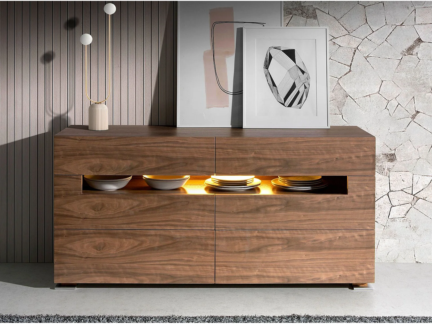 Dressoir notenhout en gepolijst staal met binnenverlichting 7076 ANGEL CERDA