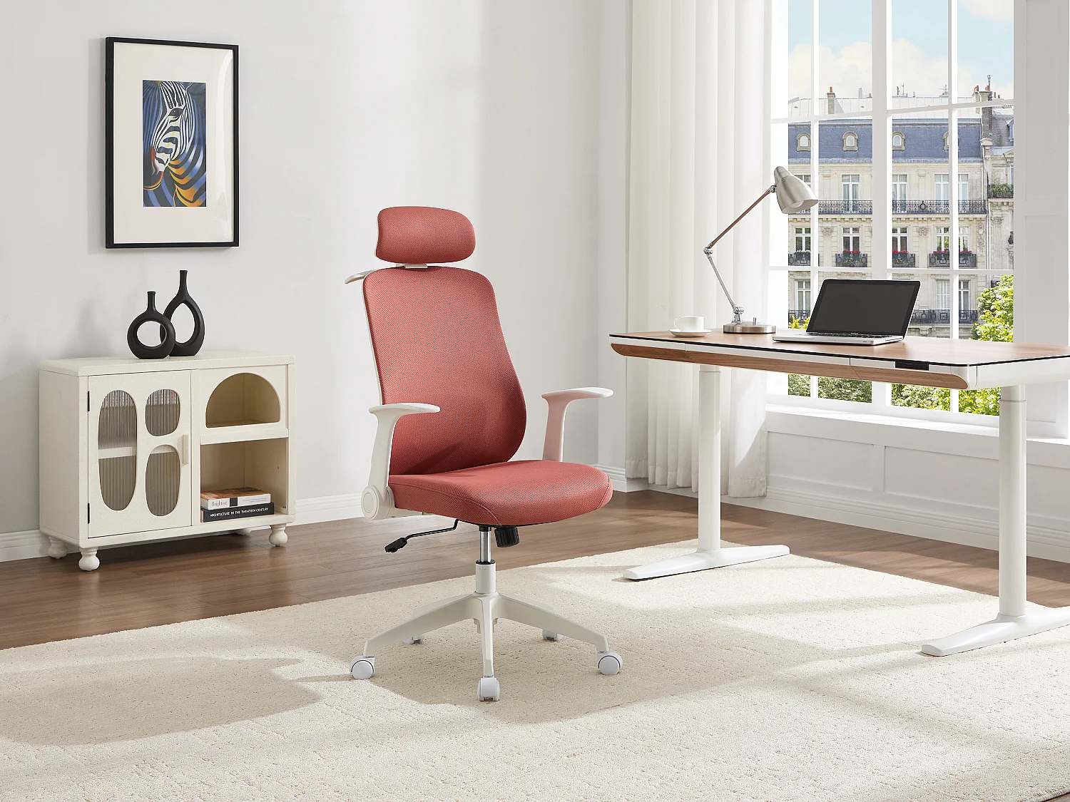 Ergonomische bureaustoel met hoofdsteun stof terracotta en wit – ZYLIRO