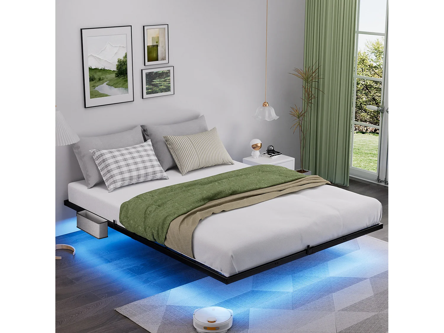 Zwevend metalen bed 140 x 200 cm met ledverlichting, metalen lattenbodem, verlicht, zwart