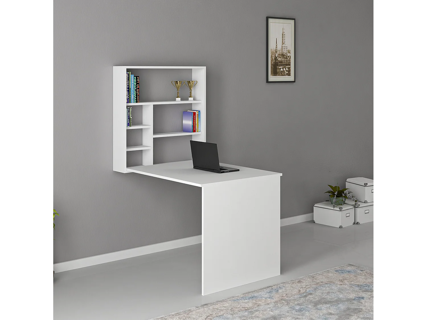 Wit houten bureau "Sedir" 90x59x154 cm met 5 planken, modern design en geïntegreerde opbergruimte