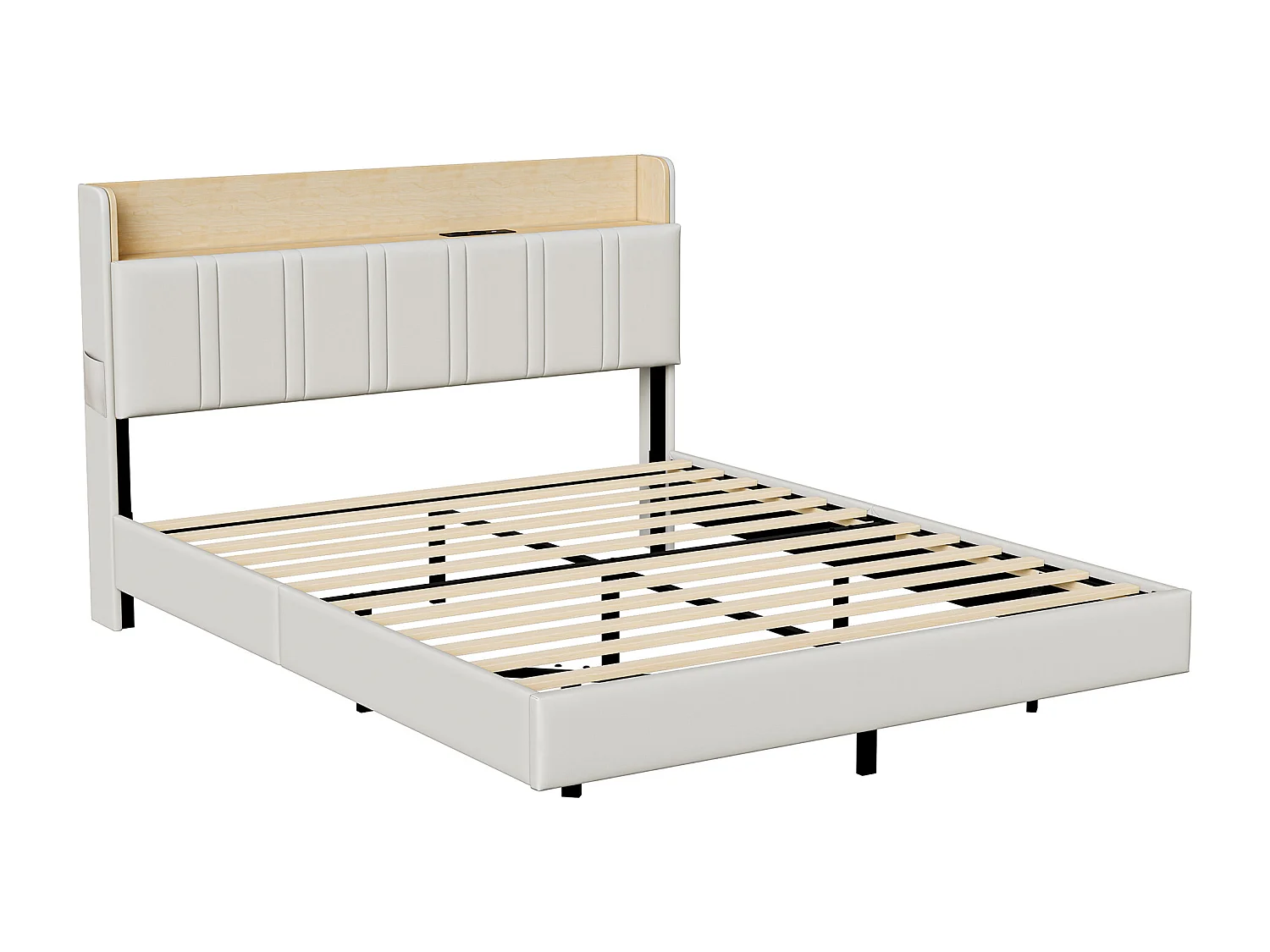 Zwevend bed 160×200 cm, gestoffeerd tweepersoonsbed met lattenbodem, ledverlichting en USB-oplaadpunt, PU, wit