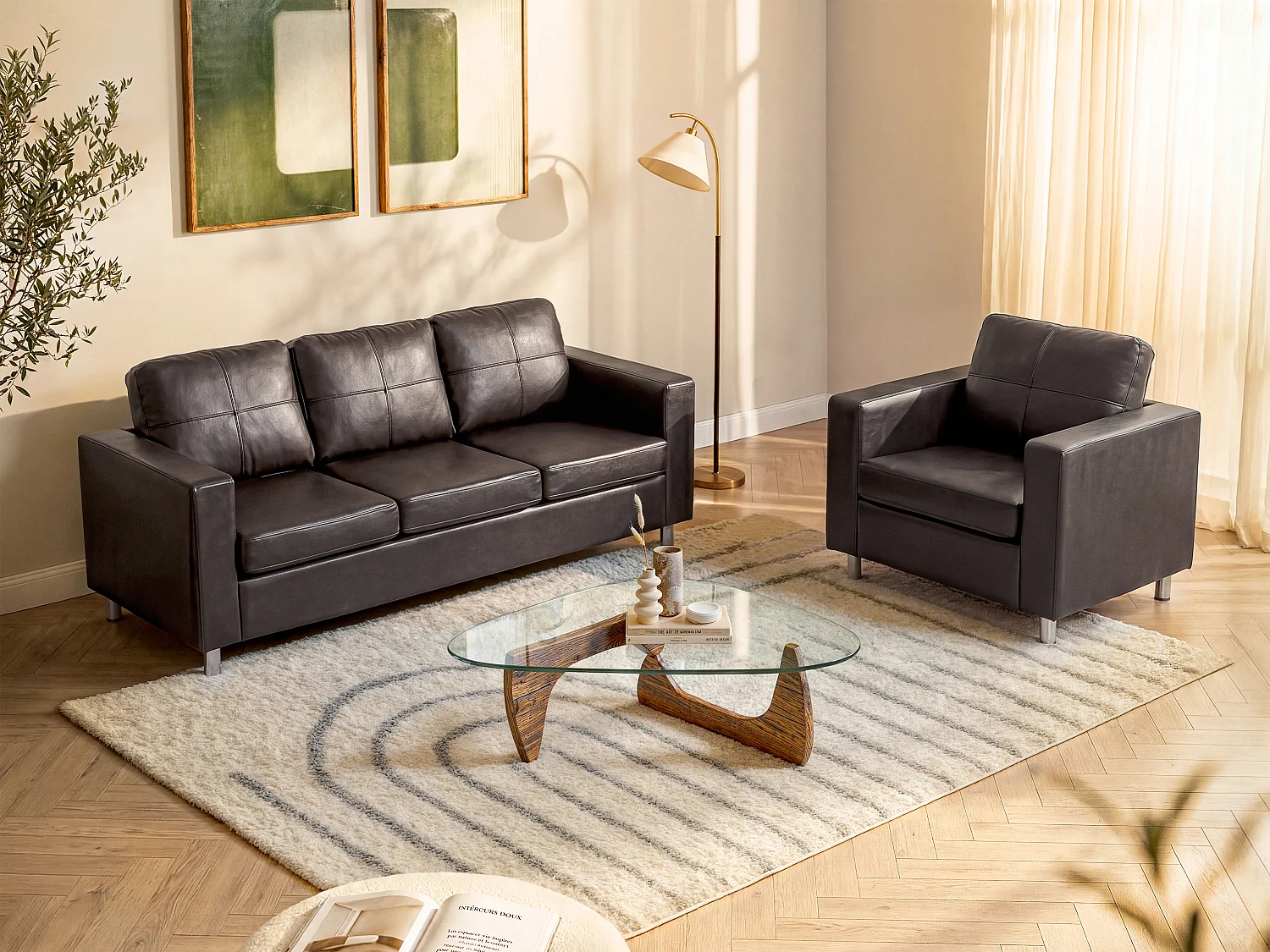 Driezitsbank en fauteuil van kunstleer ACKLEY  – Bruin