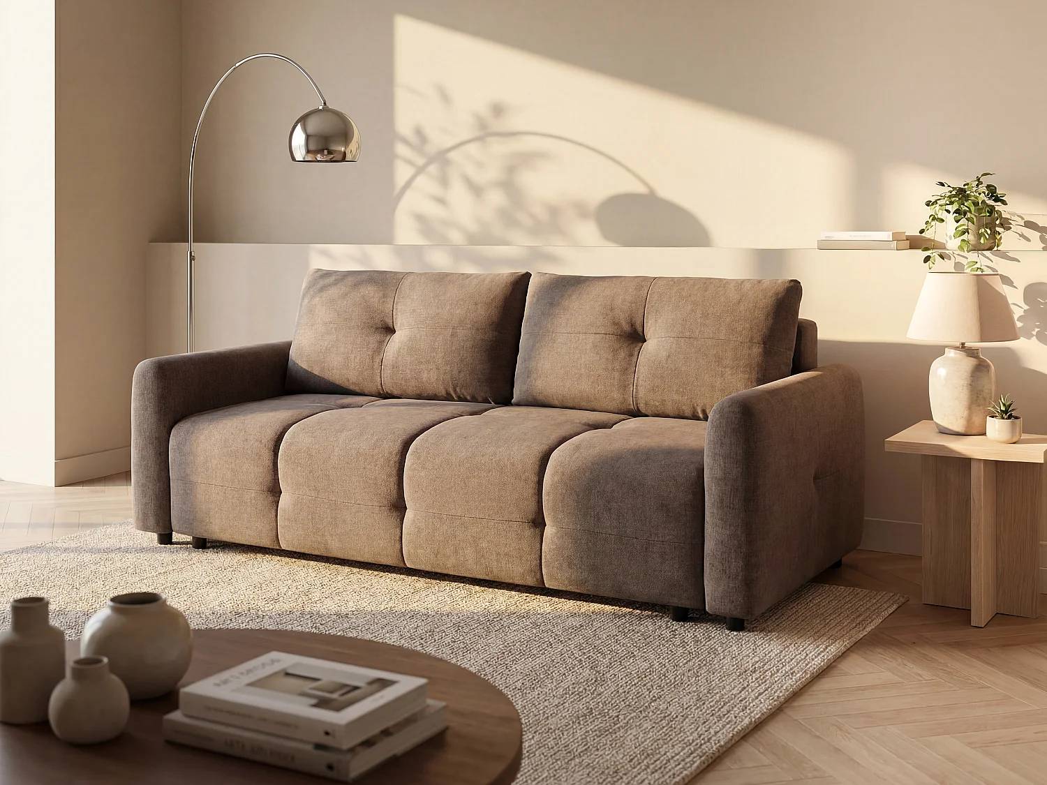 Driezitsslaapbank in getextureerde taupe stof ZAREMI
