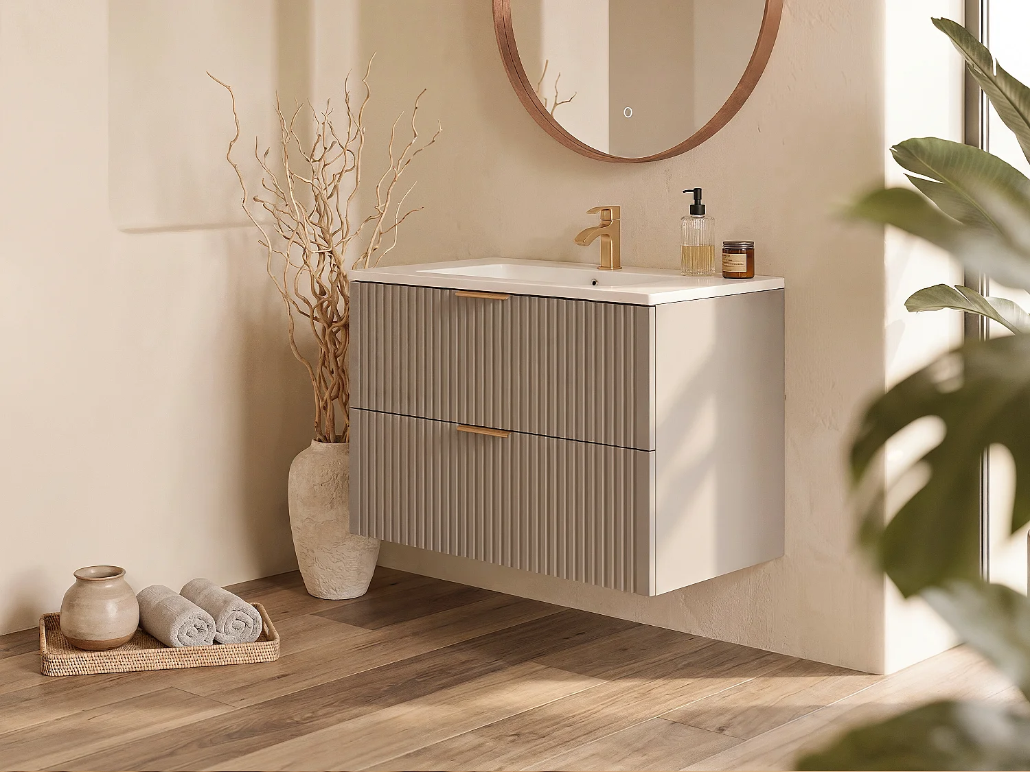 Beige gestreept hangmeubel voor badkamer met inbouwwastafel, 80 cm, ZEVARA