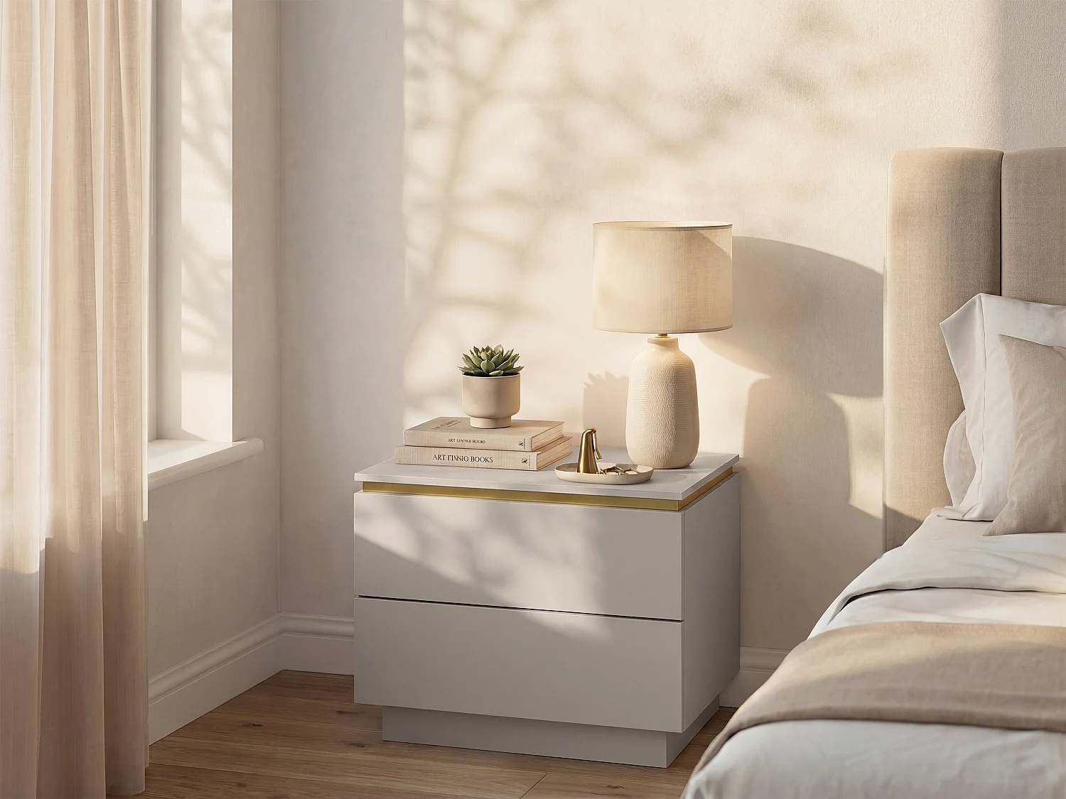 Nachtkastje met 2 lades beige en goud – VUKIA