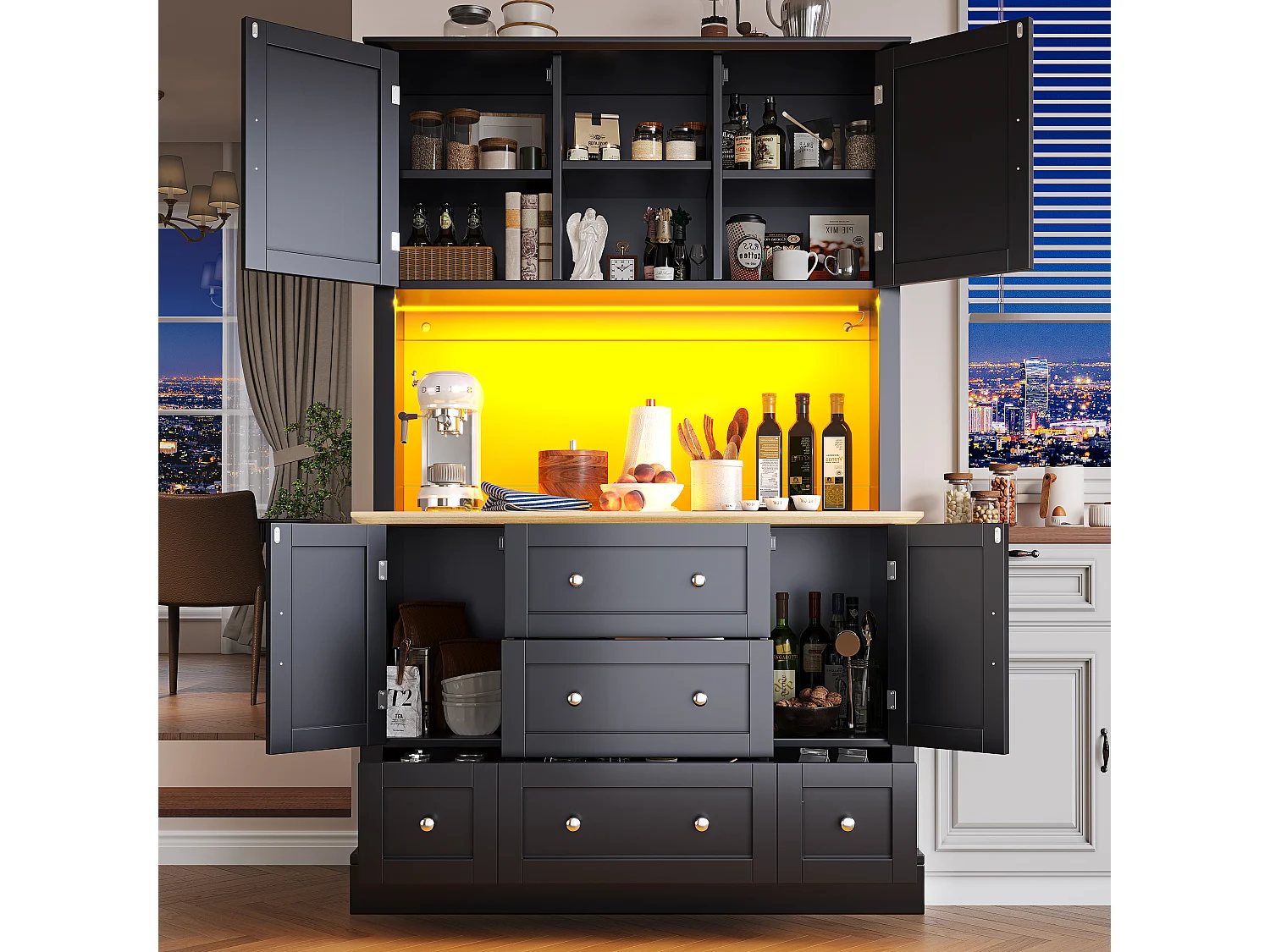 Zwarte en natuurlijke keukenkast met 4 deuren, 5 lades en LED-verlichting, MDF