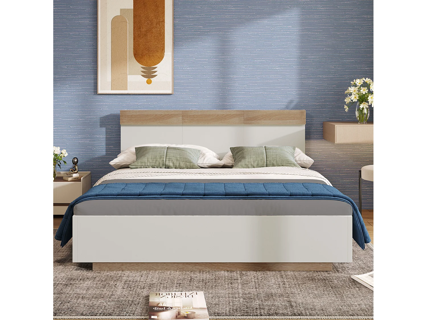 Zwevend tweepersoonsbed 160×200 cm van hout, wit en sonoma eik met hoofdbord en lattenbodem