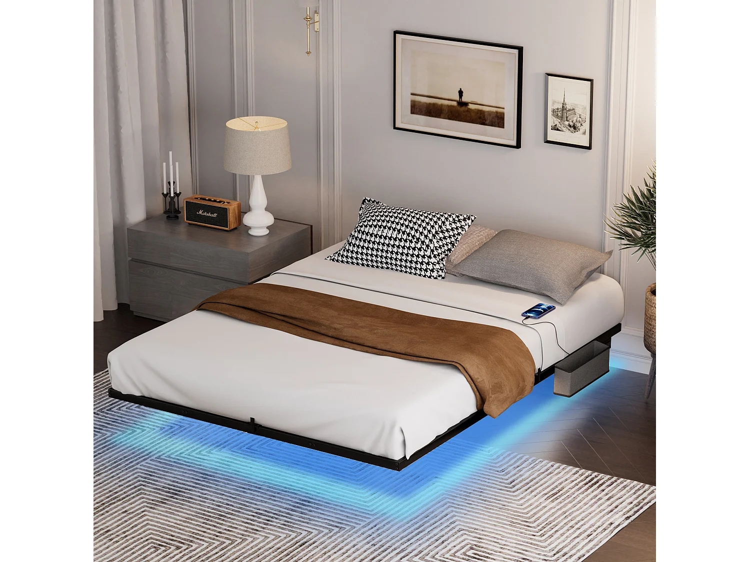 Zwevend metalen bed 160 x 200 cm met ledverlichting, metalen lattenbodem, verlicht, zwart