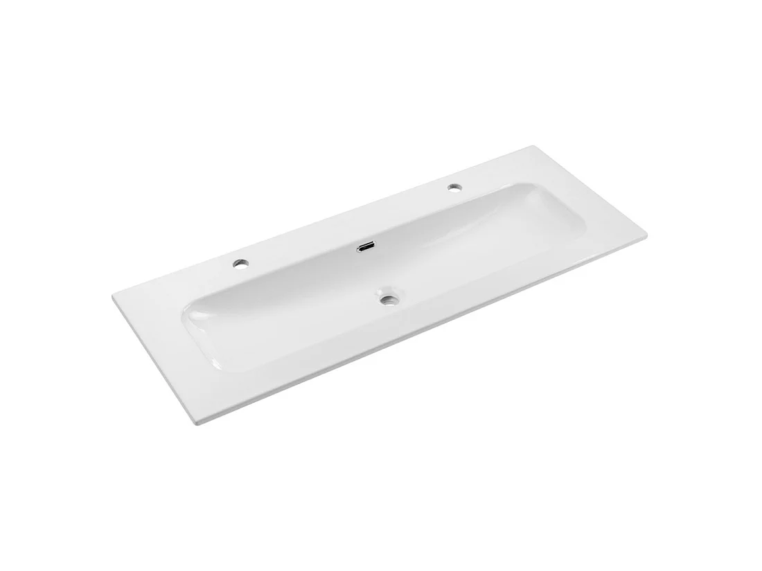 Wastafel LARGO 120 cm in glanzend wit keramiek met dubbele kraan
