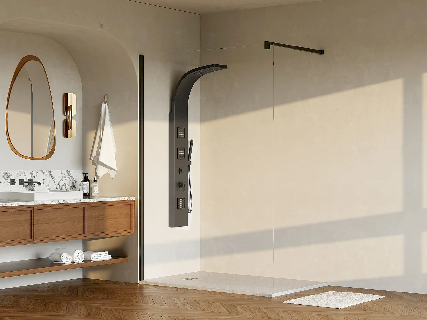 Wand voor inloopdouche mat zwart met industriële stijl – 140×200 cm – DAREN
