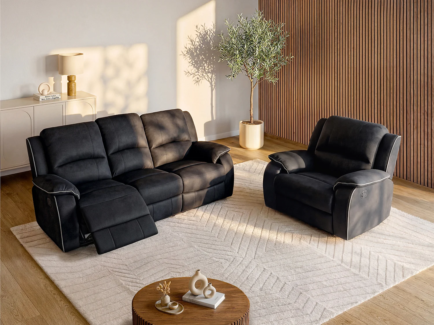 Driezits relaxbank en relaxfauteuil van microvezel HERNANI – Zwart