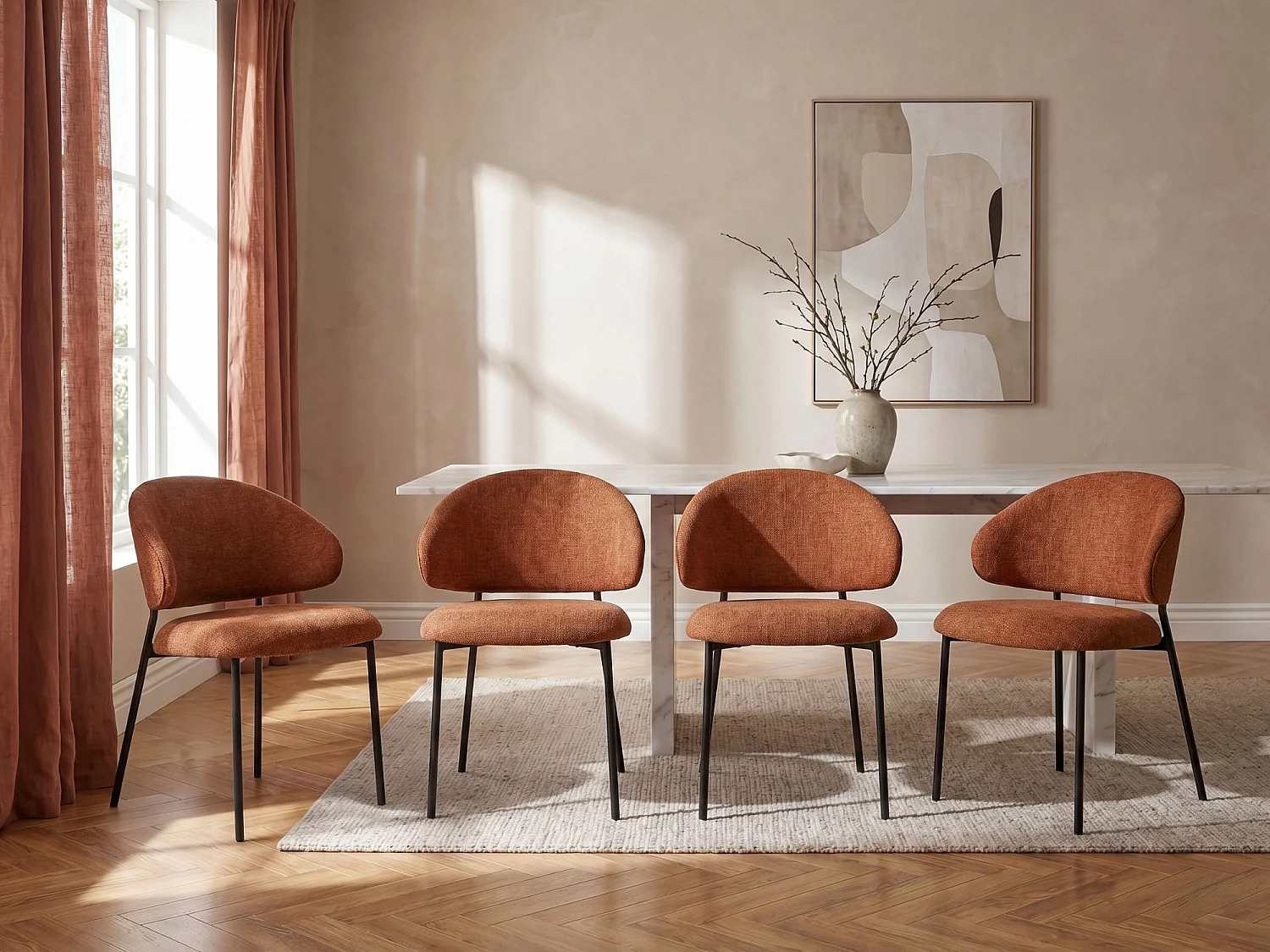 Set van 4 stoelen van stof met textuur en zwart metaal – Terracotta – VOSINIA