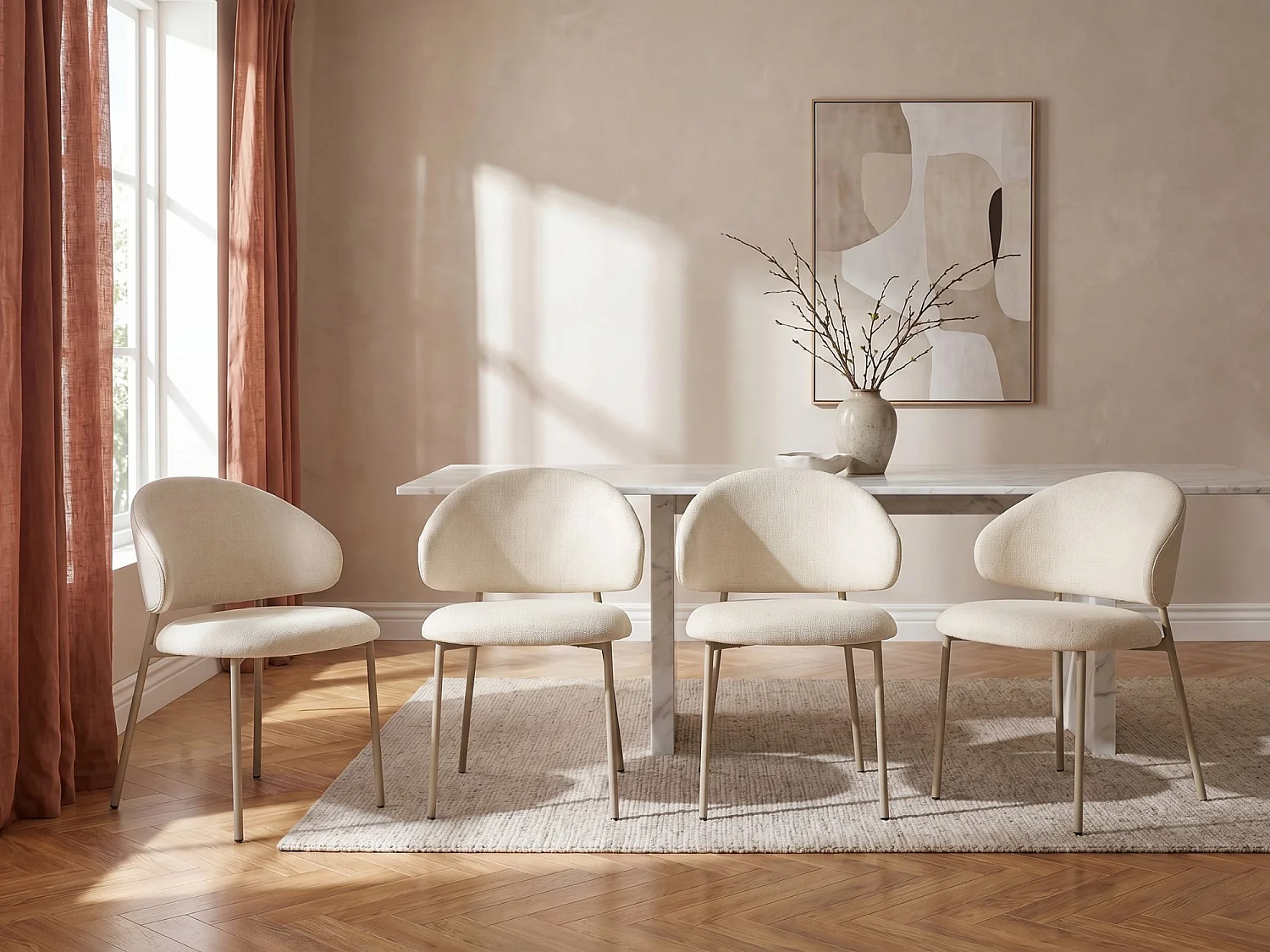 Set van 4 stoelen in getextureerd stof en beige metaal – Crème – VOSINIA