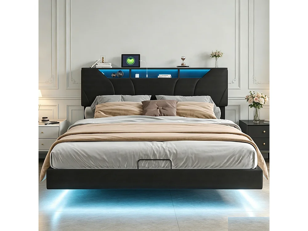 Zwarte PU Zwevend Opbergbed 160x200cm met LED-verlichting en USB-oplaadpoort