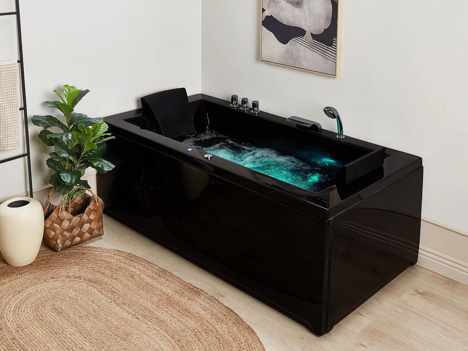 Hoek bubbelbad met LED VARADERO Rechterzijde 183 x 90 cm Zwart