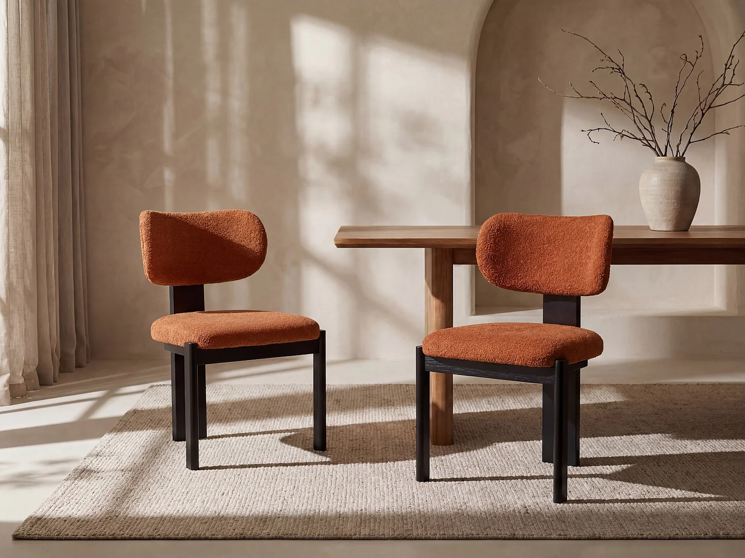 Set van 6 stoelen met bouclé stof en zwart rubberhout – Terracotta – WILANA