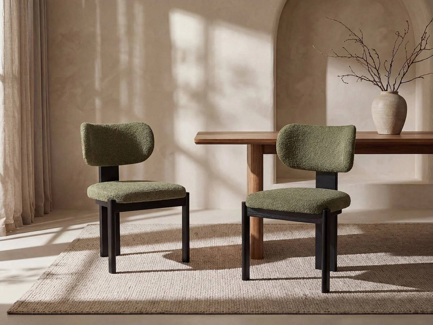 Set van 6 stoelen in bouclé stof en zwart rubberhout – Kaki – WILANA